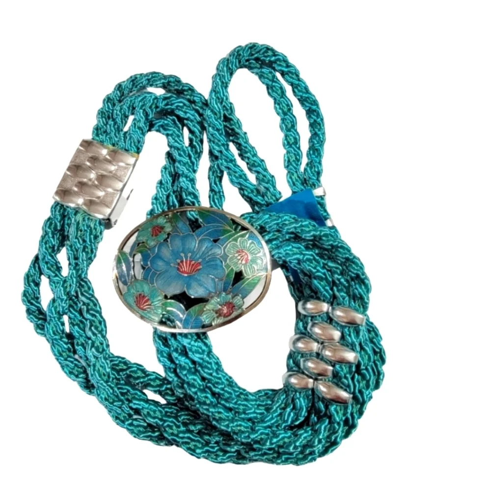 Vintage Sea Gem Floral Cloisonne Buckle Teal Braided Rope Belt